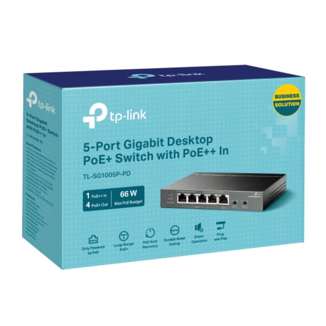 TP-Link TL-SG1005P-PD 5-Port Gigabit Desktop PoE Switch with 1-Port PoE In, 4-Port PoE Out, Metal Case, Long Range 250M, Up to 66W Total POE Budge