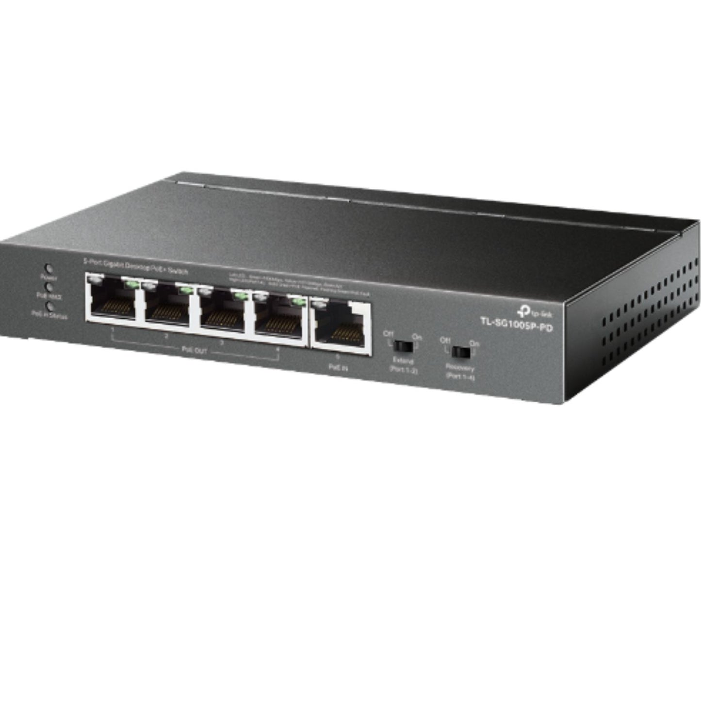 TP-Link TL-SG1005P-PD 5-Port Gigabit Desktop PoE Switch with 1-Port PoE In, 4-Port PoE Out, Metal Case, Long Range 250M, Up to 66W Total POE Budge