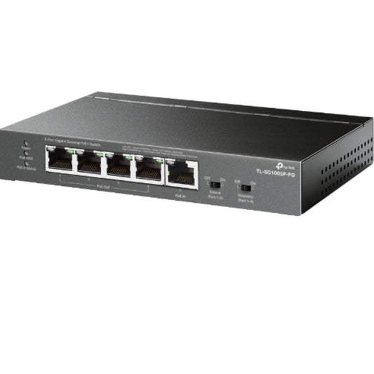 TP-Link TL-SG1005P-PD 5-Port Gigabit Desktop PoE Switch with 1-Port PoE In, 4-Port PoE Out, Metal Case, Long Range 250M, Up to 66W Total POE Budge