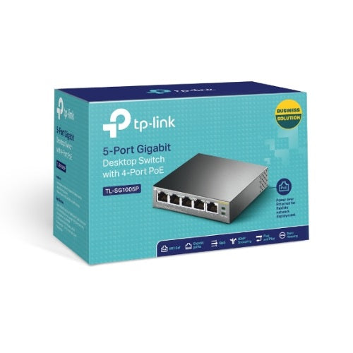 TP-Link TL-SG1005P 5-Port Gigabit Desktop Switch with 4-Port PoE, 5 Gigabit RJ45 ports including 4 PoE ports, 56W PoE Power supply, steel case