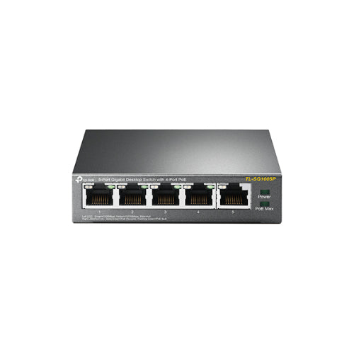 TP-Link TL-SG1005P 5-Port Gigabit Desktop Switch with 4-Port PoE, 5 Gigabit RJ45 ports including 4 PoE ports, 56W PoE Power supply, steel case