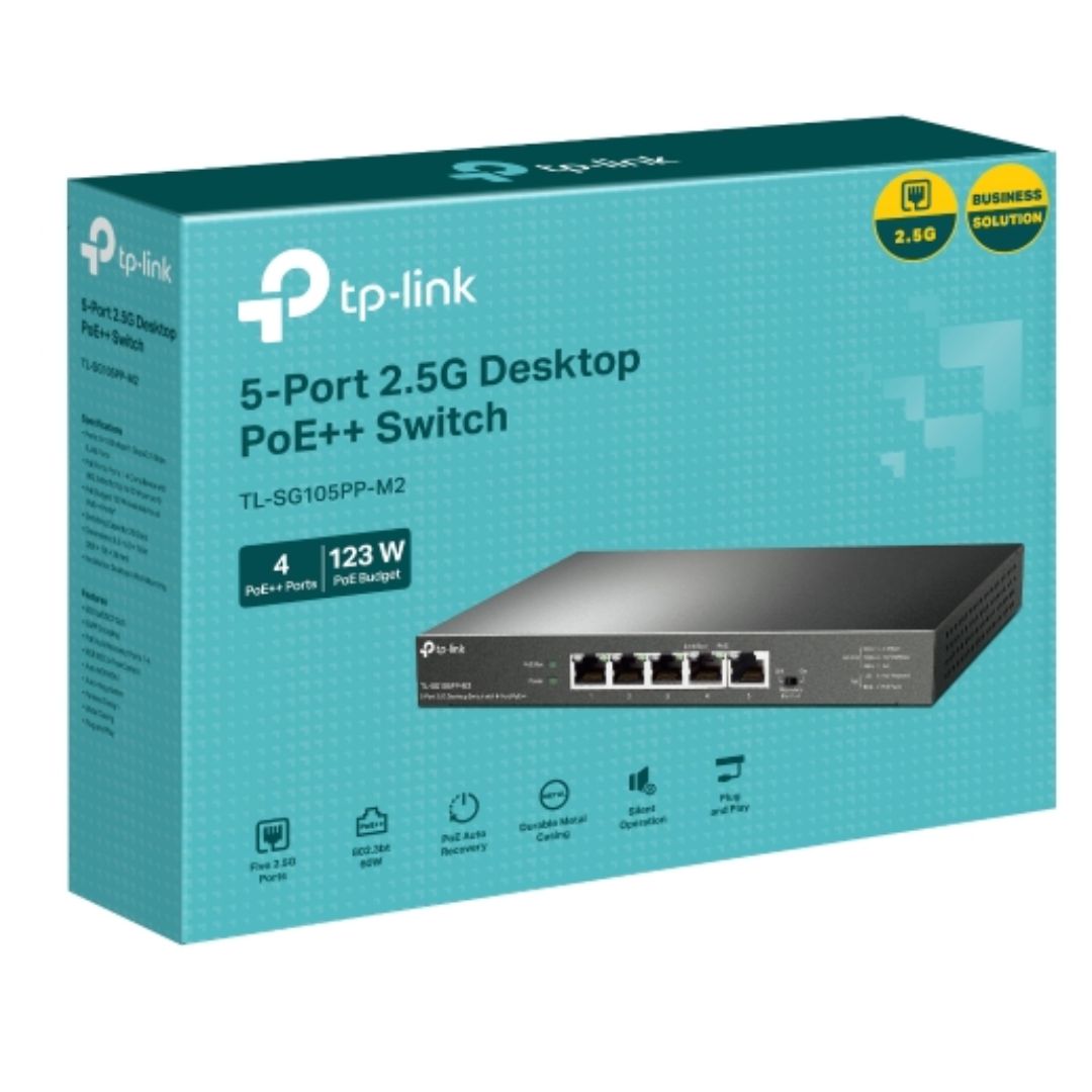 TP-Link TL-SG105PP-M2 5-Port 2.5G Desktop Switch with 4-Port PoE, 4 2.5G PoE Ports, 1x 2.5G Non-PoE Port, PoE Auto Recovery for Port1-4, Plug and