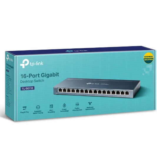 TP-Link TL-SG116 16-Port Gigabit Unmanaged Desktop Wall Mounting Switch 32Gbps Capacity 23.81Mpps 8K MAC 4.1Mb Buffer Fanless