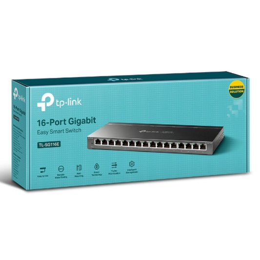 TP-Link TL-SG116E 16-Port Gigabit Unmanaged Pro Switch Desktop Wall Mounting L2 Features 32xVLAN 32Gbps Capacity 23.81Mpps 8K MAC 4.1Mb Buffer Fanless