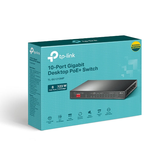 TP-Link TL-SG1210MP 10-Port Gigabit Desktop Switch with 8-Port PoEPORT: 8 Gigabit PoE Ports, 2x Gigabit Non-PoE Ports, 1 Combo Gigabit SFP SlotS