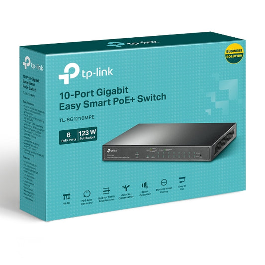 TP-Link TL-SG1210MPE 10-Port Gigabit Easy Smart Switch with 8-Port PoEPORT: 8 Gigabit PoE Ports, 2x Gigabit Non-PoE Ports, 1 Combo Gigabit SFP S
