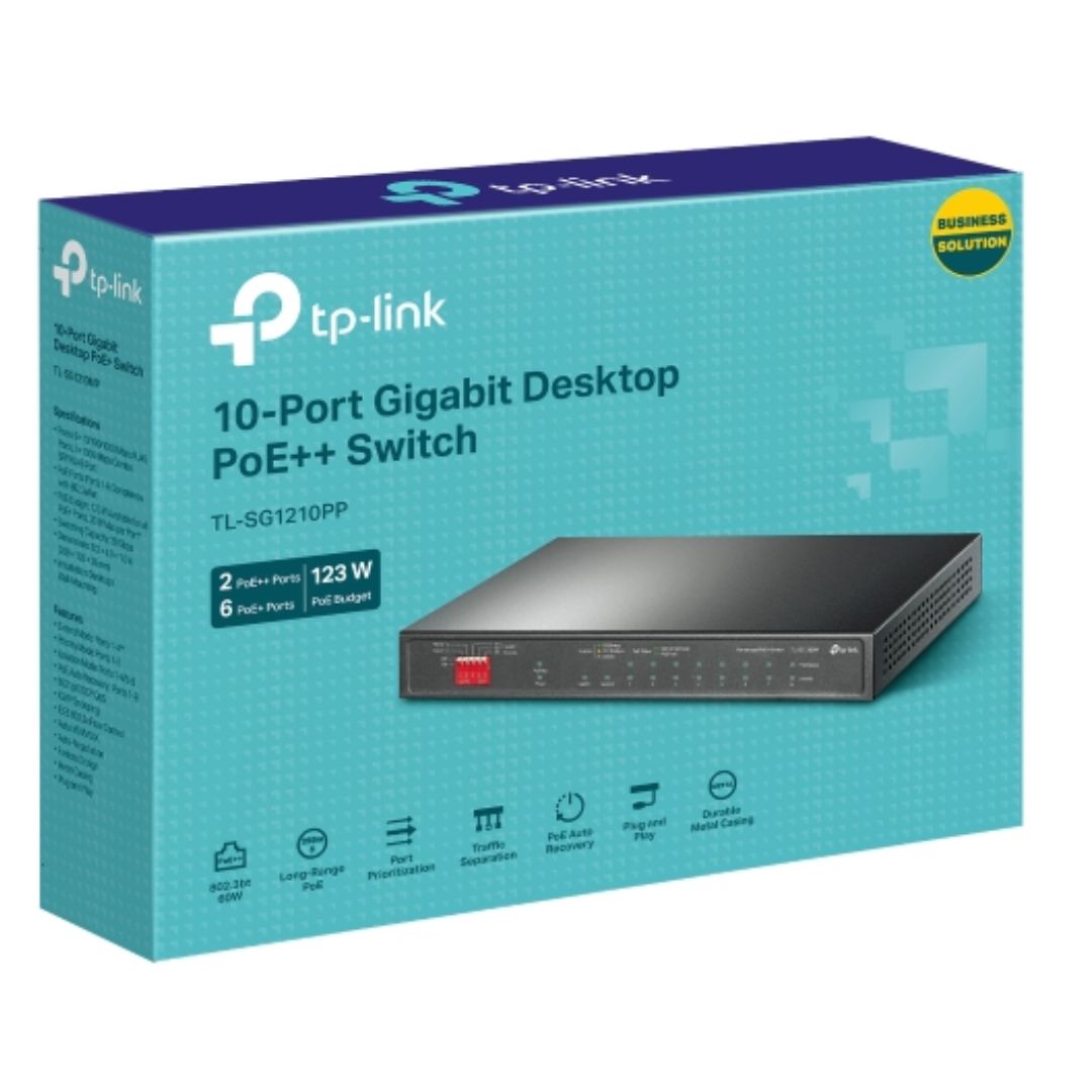TP-Link TL-SG1210PP 10-Port Gigabit Desktop Switch with 6-Port PoE and 2-Port PoE , 9 10 100 1000Mbps RJ45 Ports, 1 1000Mbps Combo SFP RJ45 Port