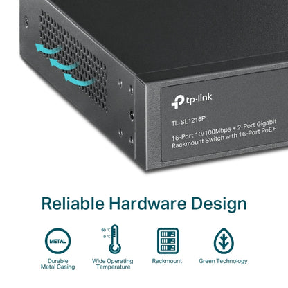 TP-Link TL-SL1218P 16-Port 10 100 Mbps  2-Port Gigabit Rackmount Switch with 16-Port PoE, Up to 150W for all PoE ports, Up to 30W for each PoE port
