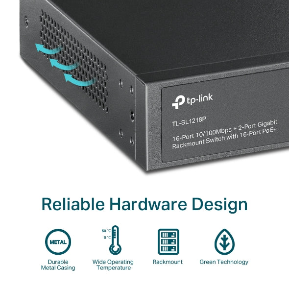 TP-Link TL-SL1218P 16-Port 10 100 Mbps  2-Port Gigabit Rackmount Switch with 16-Port PoE, Up to 150W for all PoE ports, Up to 30W for each PoE port