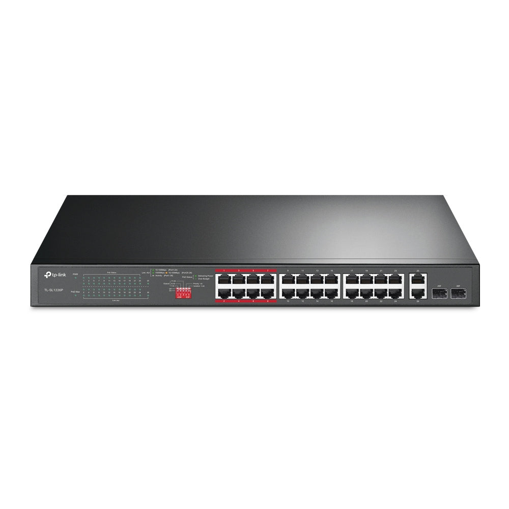 TP-Link TL-SL1226P 24-Port 10 100Mbps  2-Port Gigabit Unmanaged PoE Switch , Up To 250W For all PoE Ports, Up To 30W Each PoE Port