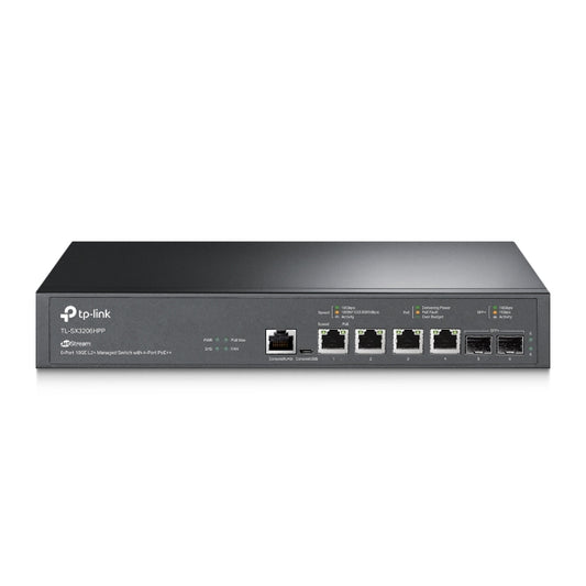 TP-Link SX3206HPP Omada JetStream 6-Port 10GE L2 Managed Switch with 4-Port PoE, 4 10G PoE Ports, 2 10G SFP Slots, RJ45 Micro-USB Console Port