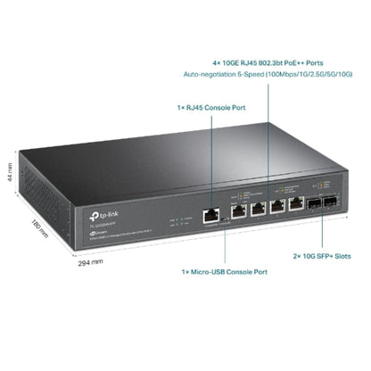 TP-Link SX3206HPP Omada JetStream 6-Port 10GE L2 Managed Switch with 4-Port PoE, 4 10G PoE Ports, 2 10G SFP Slots, RJ45 Micro-USB Console Port