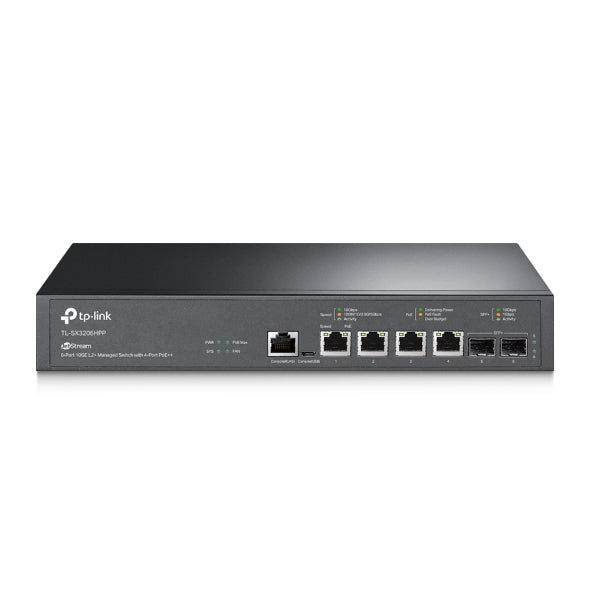 TP-Link SX3206HPP Omada JetStream 6-Port 10GE L2 Managed Switch with 4-Port PoE, 4 10G PoE Ports, 2 10G SFP Slots, RJ45 Micro-USB Console Port