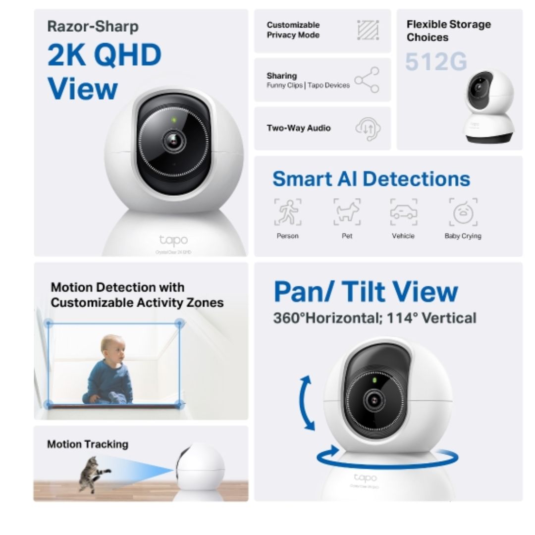 TP-Link TC72 Pan Tilt AI Home Security Wi-Fi Camera, 2K 4MP QHD, Two-Way Audio, Sound and Light Alarm, Smart AI Detection