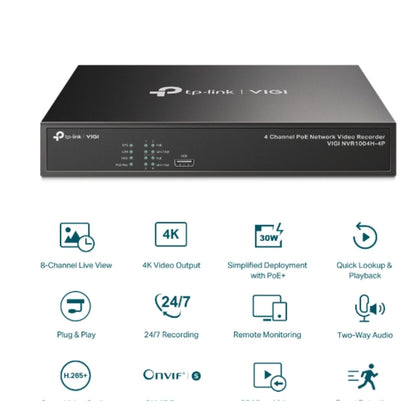 TP-Link VIGI NVR1004H-4P 4 Channel PoE Network Video Recorder, 24 7 Continuous Recording, 4K HDMI Video Output  16MP Decoding (HDD Not Included)
