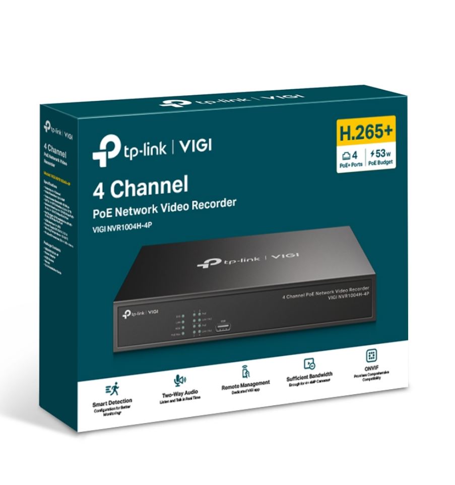 TP-Link VIGI NVR1004H-4P 4 Channel PoE Network Video Recorder, 24 7 Continuous Recording, 4K HDMI Video Output  16MP Decoding (HDD Not Included)