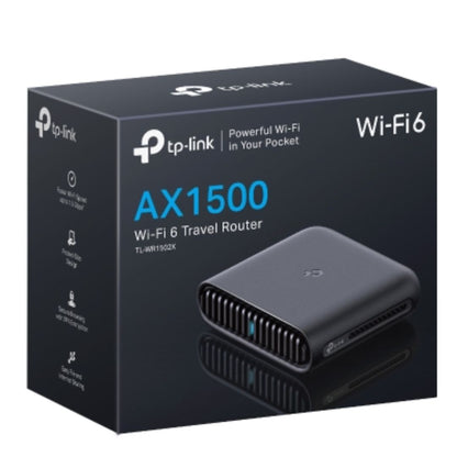 TP-Link TL-WR1502X AX1500 Wi-Fi 6 Travel Router, 1201 Mbps at 5 GHz  300 Mbps at 2.4 GHz, 2 Internal Antennas, 1 Gigabit WAN Port  1 Gigabit LAN