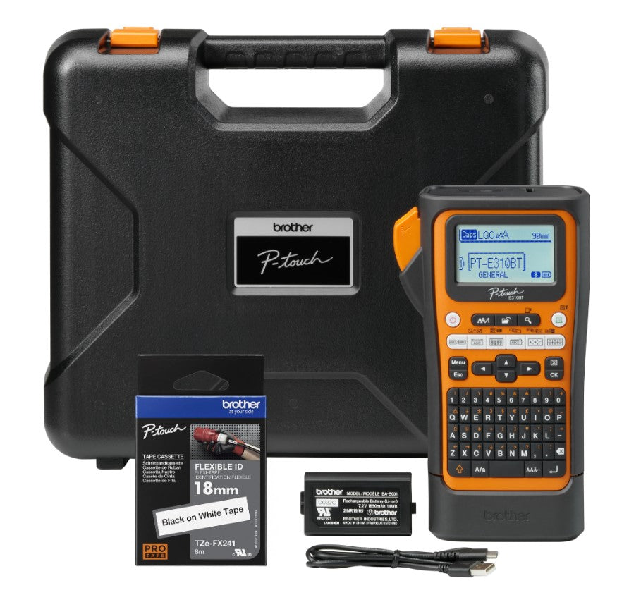 Brother PT-E310BTVP Industrial Handheld Label Printer  - 3 Year Warranty, included Carry case, Rechargeable Li-Ion battery,1xTZE-FX241 and USB-A Cable