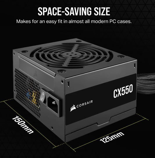 (LS)Corsair CX550 550W, 80 PLUS Bronze Certified, Up to 88pct Efficiency,  Compact 125mm design easy fit and airflow, ATX PSU 2023