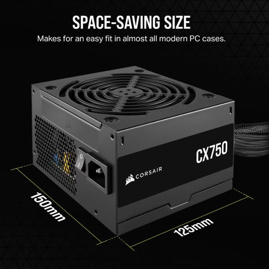 (LS)Corsair CX750 750W, 80 PLUS Bronze Certified, Up to 88pct Efficiency,  Compact 125mm design easy fit and airflow, ATX PSU 2024