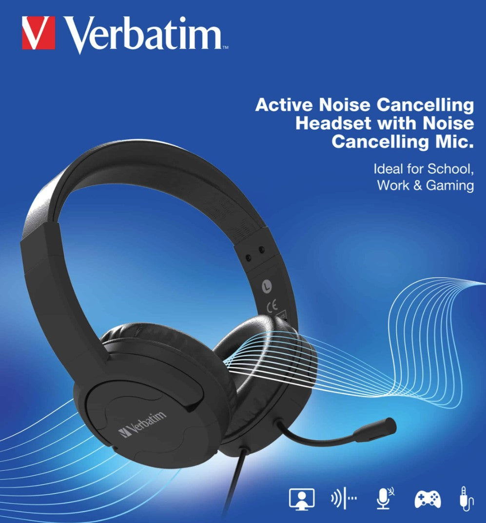 Verbatim Verbatim Multimedia Headset with ANC  Noise Cancelling Boom Mic - Black 66706