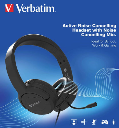 Verbatim Verbatim Multimedia Headset with ANC  Noise Cancelling Boom Mic - Black 66706