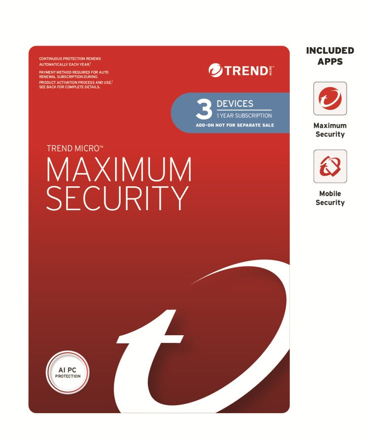 Trend Micro Maximum Security Plus (3 Devices) 1 Year Add-on Auto Renew OEM (Plus = Secure VPN   Cleaner Pro)