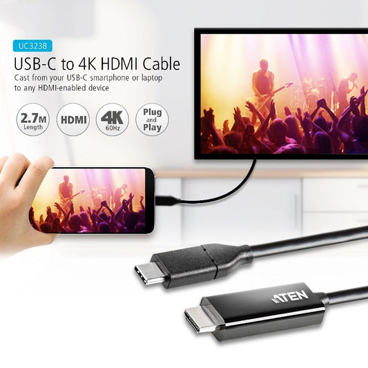 Aten USB-C to HDMI 4K 2.7m Cable, supports up to 4K   60Hz with high quality cable
