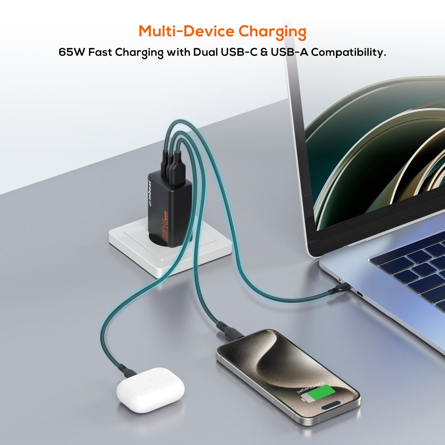 mbeat Gorilla Power PD 65W GaN II USB-C Charger 50pct smaller than the standard Supports a wide range of devices Product Weight: 109g