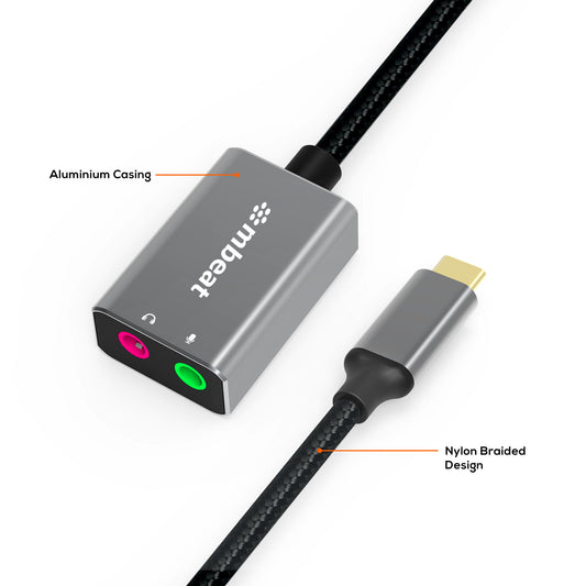 mbeat Elite USB-C to 3.5mm Audio and Microphone Adapter -  Adds Headphone Audio and Microphone Jack to USB-C Computer, Tablet Smartphone Devices