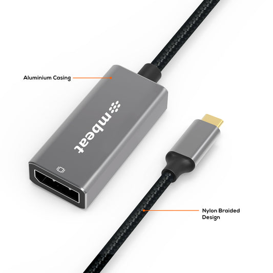 mbeat Elite USB-C to Display Port Adapter  -Converts USB-C to DisplayPort female port, 4K 60Hz (38402160),  15cm - Space Grey Weight: 30g
