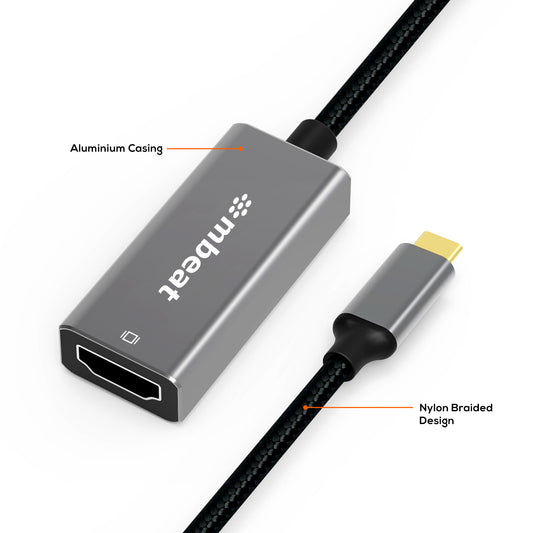 mbeat Elite USB-C to HDMI Adapter - Converts USB-C  to HDMI Female Port, Supports 4K 60Hz (38402160), Gold Plated, Aluminium, Nylon braided Cable
