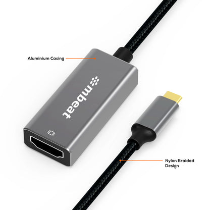 mbeat Elite USB-C to HDMI Adapter - Converts USB-C  to HDMI Female Port, Supports 4K 60Hz (38402160), Gold Plated, Aluminium, Nylon braided Cable