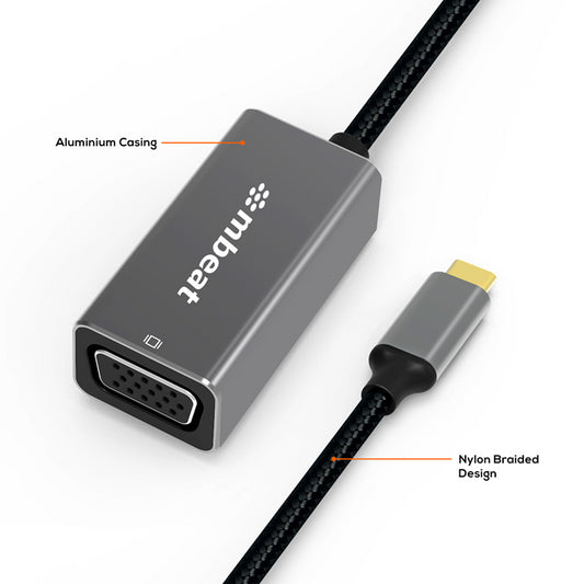 mbeat Elite USB-C to VGA Adapter - Coverts USB-C to VGA Female Port,  Supports up to19201080 60Hz - Space Grey Weight: 30g