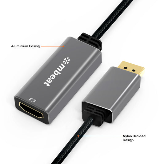 mbeat Elite Display Port to HDMI Adapter - Converts DisplayPort to HDMI Female Port, Supports 4K 60Hz (38402160),  Nylon Braided Cable - Space Grey