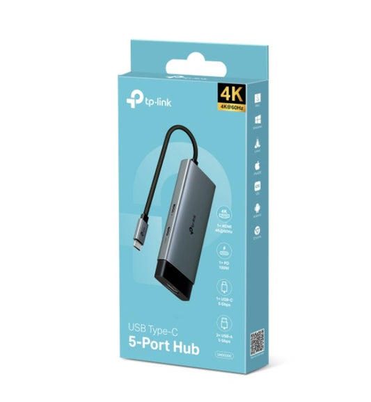 TP-Link UH5020C USB Type-C 5 in 1 Hub, 4K 60Hz HDMI, 100W Power Delivery, 1 USB-C Data Port, 2 USB-A Data Ports.