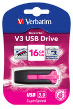 Verbatim 16GB V3 USB3.0 Pink Store ftn ftGo V3 Rectractable USB Storage Drive Memory Stick (LS)