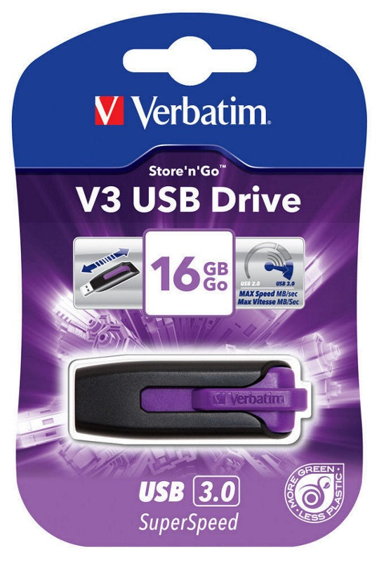 Verbatim 16GB V3 USB3.0 Violet Store ftn ftGo V3 Rectractable USB Storage Drive Memory Stick (LS)