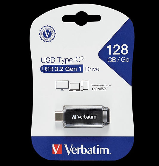 Verbatim 128GB Type-C USB 3.2 Flash Drive - Black Retail Pack 70903 Ultra Fast Transfer, Compact and Light weight design