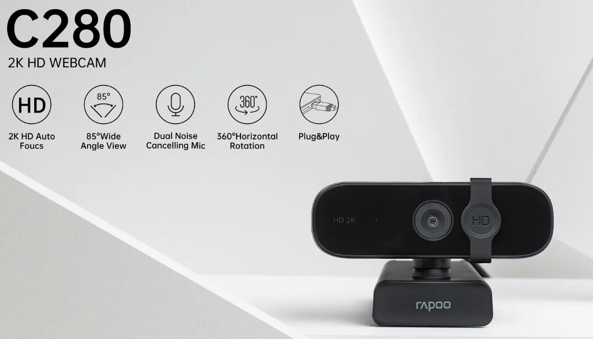 RAPOO C280 2K Webcam - 85 Degree Wide Angle Lens, 360 degrees, Omini Mic. Noise cancel, AutoF Plug  Play. Teams, Google Meet, Zoom, Win Hello, Wechat