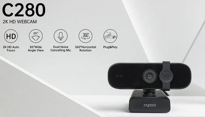 RAPOO C280 2K Webcam - 85 Degree Wide Angle Lens, 360 degrees, Omini Mic. Noise cancel, AutoF Plug  Play. Teams, Google Meet, Zoom, Win Hello, Wechat