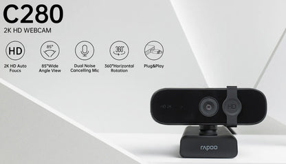 RAPOO C280 2K Webcam - 85 Degree Wide Angle Lens, 360 degrees, Omini Mic. Noise cancel, AutoF Plug  Play. Teams, Google Meet, Zoom, Win Hello, Wechat